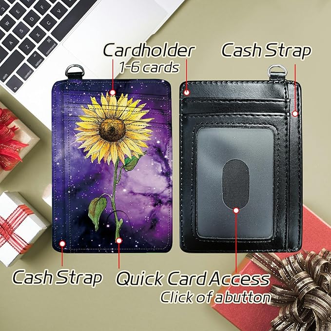 BWEGRHE Small Travel Wallets, Sunflower Yellow Purple Galaxy Slim Minimalist Front Pocket Wallet with Wristlet, RFID Blocking PU Leather Credit Card Holder with ID Window Change Purse for Men Women