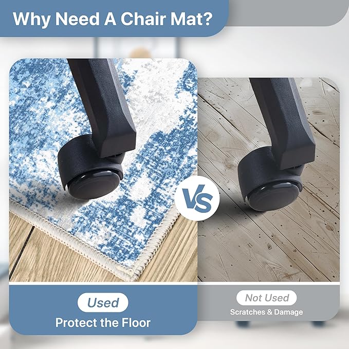 Office Chair Mat for Hardwood Tile Floor, Abstract 36"X 48" Desk Mats for Office Chair on Rolling Chairs Carpet, Desk Anti-Slip 1/5" Thick Rug for Computer Chair, Thin Low-Pile Floor Mat, Blue Cream