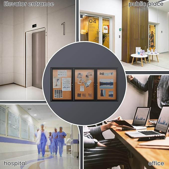 72"x36" Lockable Enclosed Bulletin Board, Outdoor Cork Weather-Resistant Aluminum Frame Notice Board, Wall Mounted Display Case Acrylic Doors for School,Office,Black Frame w/Cork