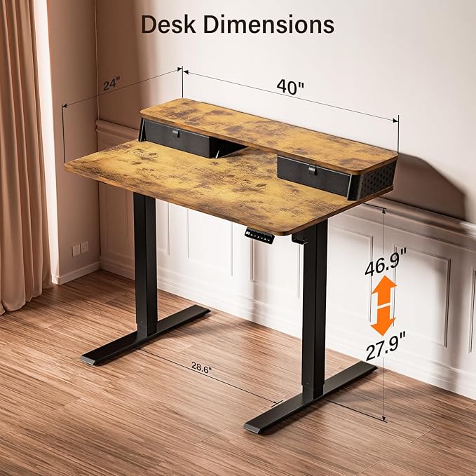 Kingant 40 x 24 Inch Electric Standing Desk with Dual Drawers, Height Adjustable Sit to Stand Computer Desk with Storage Shelf and C-Clamp Mount Compatibility for Home Office, Rustic Brown
