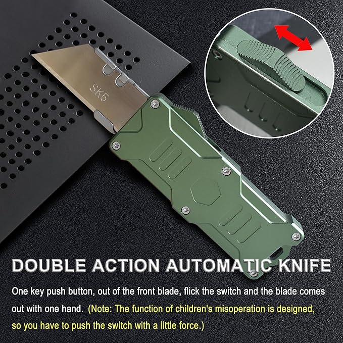 Caressolove Switch Blades Knife Push Button, Aviation Aluminum EDC Box Cutter Retractable, Utility Knife Double Action Automatic, With 10pcs SK5 Blade Assisted Opening Pocket Knife With Clip