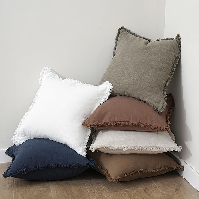 Foindtower Set of 2 Decorative Linen Fringe Throw Pillow Covers Cozy Boho Farmhouse Cushion Cover with Tassels Soft Accent Pillowcase for Couch Sofa Bed Living Room Home Decor,20×20 Inch,White