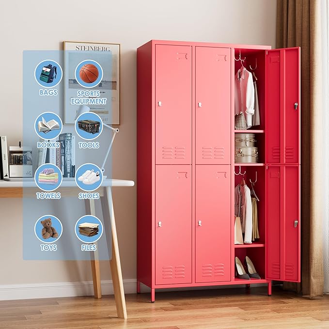SUPEER 6 Doors Metal Locker Employee with Business Card Holder and 18 Hooks,Metal Locker for Employees with Ventilation Holes for Office Garage Gym Home,Assembly Required,Red