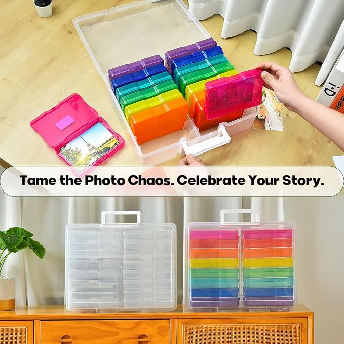 Haundry Photo Storage Box with 16 Inner 4" x 6" Photo Case, Portable Storage Organizer with Handle Craft Keeper for Picture, Stickers, Stamps, Screws, Hair Clips, Colored
