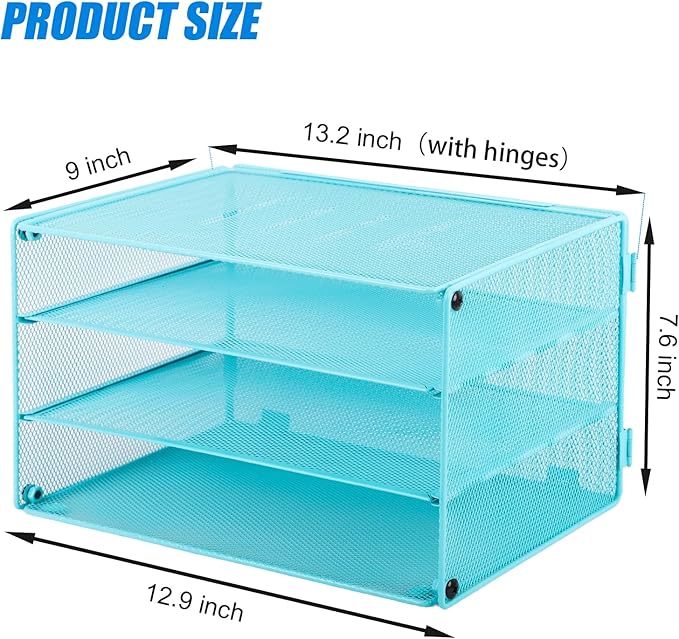 EASEPRES Paper Organizer Tray, 3 Tier Mesh Desk File Organizer Letter Sorter Holder for Home Office, Blue