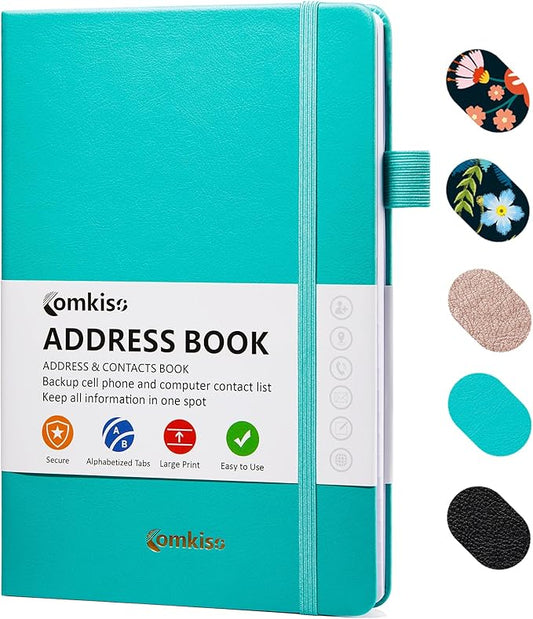 Comkiso Address Book with Individual Alphabetical Tabs Laminated, Large Print Address Book with 468 Wide Lining Entry Spaces, Change of Address Labels, Hardcover Address Book 5.7 x 8.5" - Aquamarine