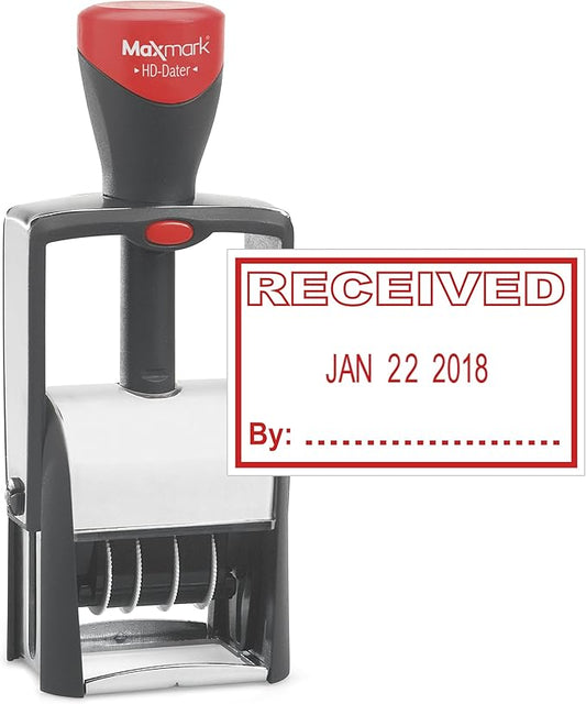 MaxMark Heavy Duty Self Inking Date Stamp with Phrase Received - Red Ink