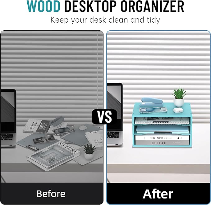 SHARKWOODS Wood Desk Organizer, 3 Tier Paper Tray Organizer for Desk with Adjustable Storage Shelves, Desktop File Organization Paper Sorter Mail Holder for Office Home Classroom, Blue