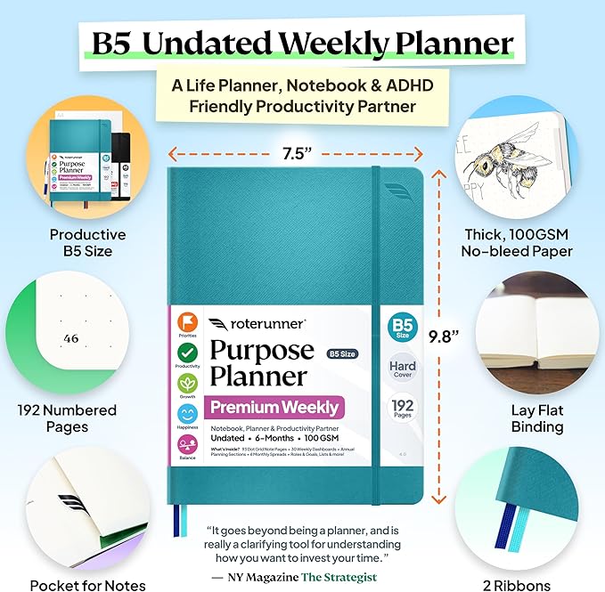 Purpose Planner Notebook B5 Hardcover 7.5”x9.8”- Teal Undated Daily, Weekly, and Monthly 2026 - Productivity & Goal Setting Tool for Work, Home, and Self-Care - ADHD & Journal for Adults