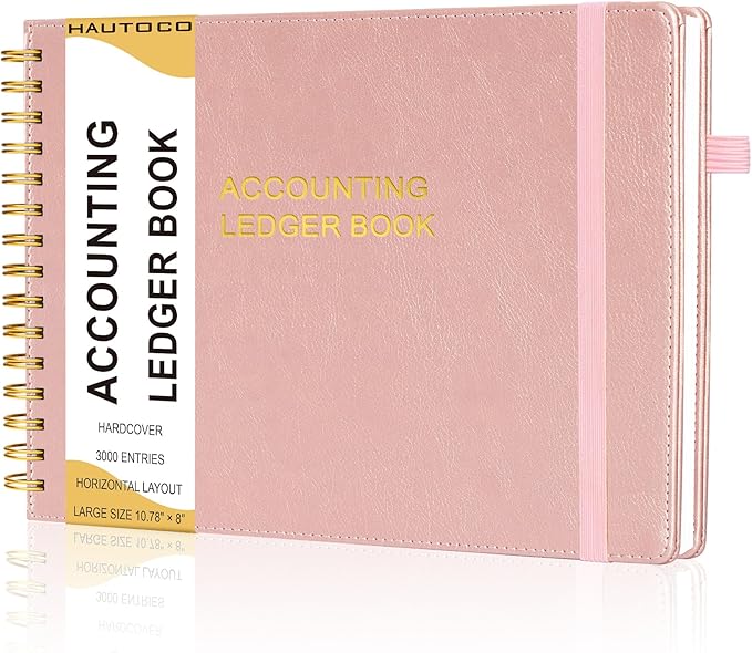 HAUTOCO Hardcover Accounting Ledger Book for Small Business Bookkeeping Horizontal Money Expense Tracker Notebook with 2 Storage Pouch, Personal Columnar Log Journal 10.78 x 8'', Rose Gold