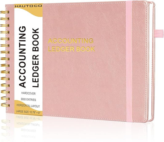 HAUTOCO Hardcover Accounting Ledger Book for Small Business Bookkeeping Horizontal Money Expense Tracker Notebook with 2 Storage Pouch, Personal Columnar Log Journal 10.78 x 8'', Rose Gold