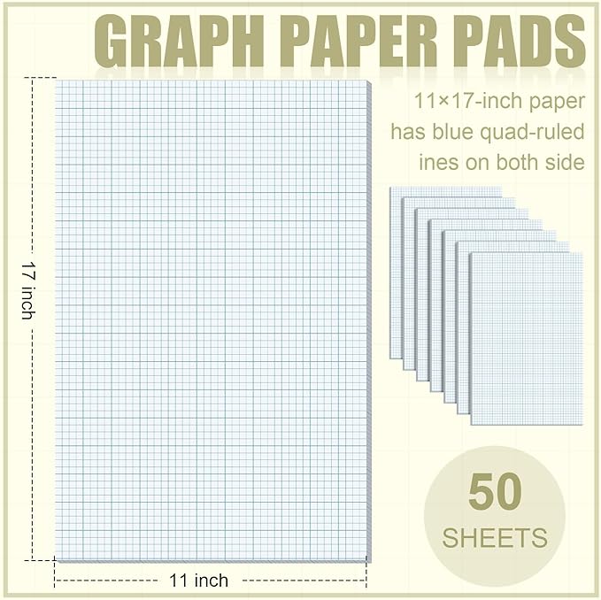 Ctosree 6 Pcs 11 x 17 Quadrille Pads 4 Squares Per Graph Paper Pad Back to School Engineer Grid Paper Pad for School Supplies 50 Sheets/Pack