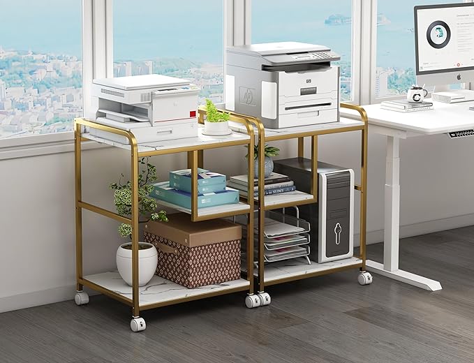 Fannova Large Printer Table Stand with Shelf for Computer Tower, CPU and Shredder, 22 x 18 Inch Rolling Printer Cart with Wheels for Home Office Storage and Organization - White Gold