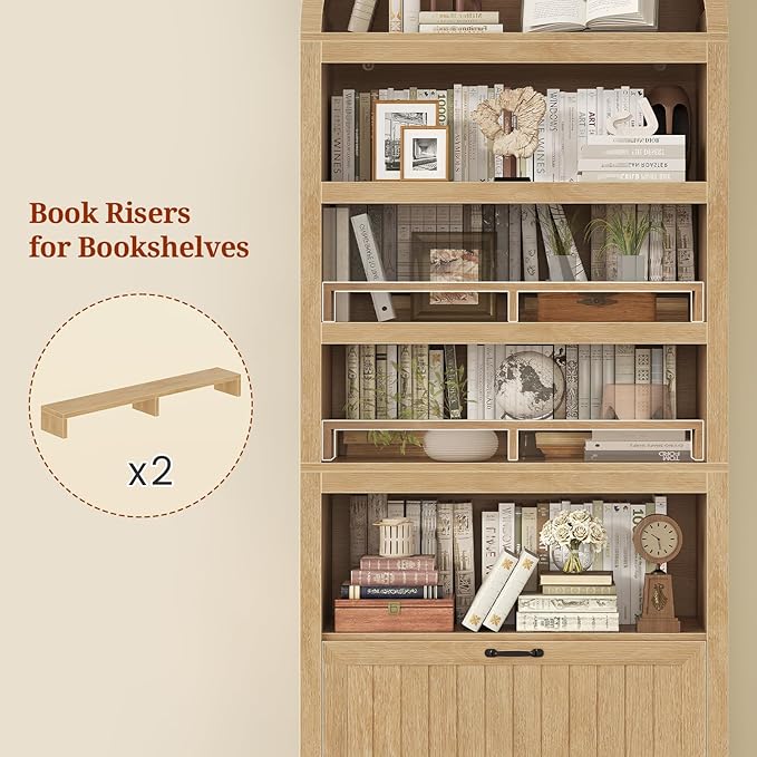 81" Tall Arched Cabinets,Bookcase with Drawer storage,Mid-Century Modern 5-Tier Bookshelf,2 Book Risers and Adjustable Shelves offering more storage space for Living Room,Kitchen,Home Office,Oak