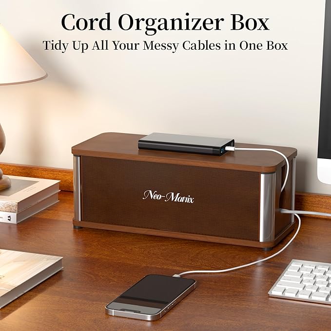 Delamu Wooden Cable Management Box, Retro-Inspired Look Desk Cord Organizer Box for Home Office, Large Cable Organizer Hides Cords and Power Strips, Power Strip Cover, 14.3" x 6.0" x 5.5", Dark