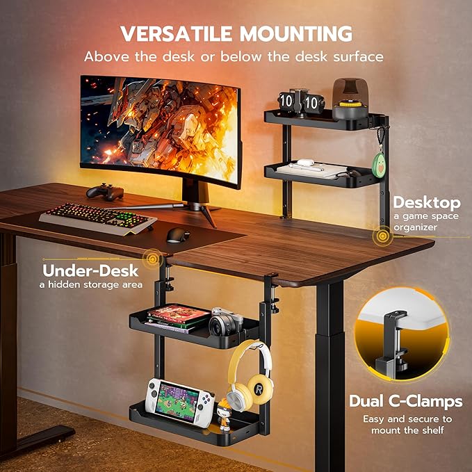 ARES WING 2-Tier Clamp On Desk Shelf, 16 inch Adjustable Above or Under Desk Storage Shelves Holds 44 lbs, Heavy Duty Desktop Organizer with Headphone Holder for Working and Gaming Accessories, Black