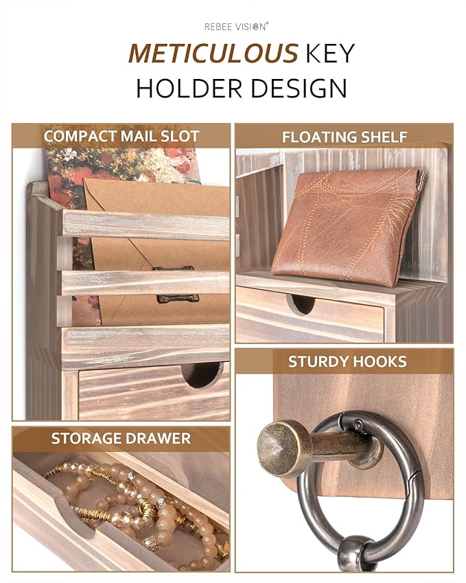 Rebee Vision Farmhouse Key Holder Wall Mount with 2 Drawer Organizer – Key and Mail Holder for Wall with 6 Key Hooks & Shelf – Home Essentials for Home Decor (Natural Wood)