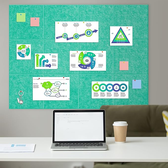 AKTOP Cork Board Bulletin Board 47"x35", 12 Pack Removable Felt Cork Board Tiles for Wall, Large Corkboard Notice Pin Board for Office, School & Home, 48 Safe Adhesive Tabs, 20 Push Pins, Lake Blue