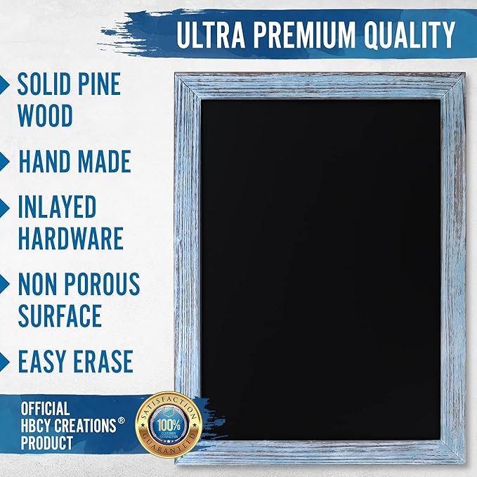 HBCY Creations 18" x 24" Rustic Blue Solid Wood Frame Wall Chalkboard, Magnetic Surface, Home Décor, Restaurant & Café Menus, Blackboard, Includes Chalk, Eraser & Hanging Hardware