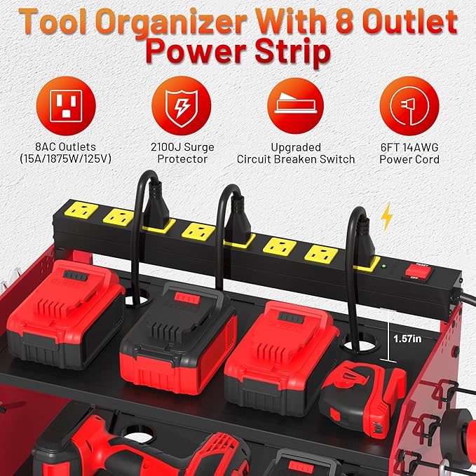 CFMASTER Power Tool Organizer Wall Mount wtih Charging Station,4 Drill Holder Wall Mount with 8 Outlet Power Strip,3 Layers Heavy Duty Tool Rack with Hooks,Screwdriver Organizer in Workbench,Garage