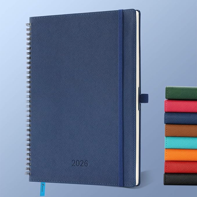 IN-LUXPRO Planner 2026 Daily Weekly and Monthly,11.5"x8.5",12 Months Spiral Bound Calendar Agenda with Self-adhesive Pen Holder,2026 Appointment Book with Vegan Leather Soft Cover,Blue