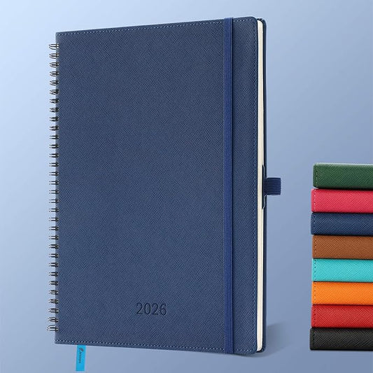 IN-LUXPRO Planner 2026 Daily Weekly and Monthly,11.5"x8.5",12 Months Spiral Bound Calendar Agenda with Self-adhesive Pen Holder,2026 Appointment Book with Vegan Leather Soft Cover,Blue