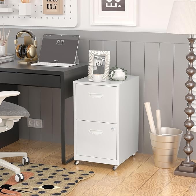 SteeLoong 2 Drawer File Cabinet with Lock，White Rolling File Cabinet for Home Office, Metal Small Mobile Filing Cabinets on Wheels for Hanging Letter
