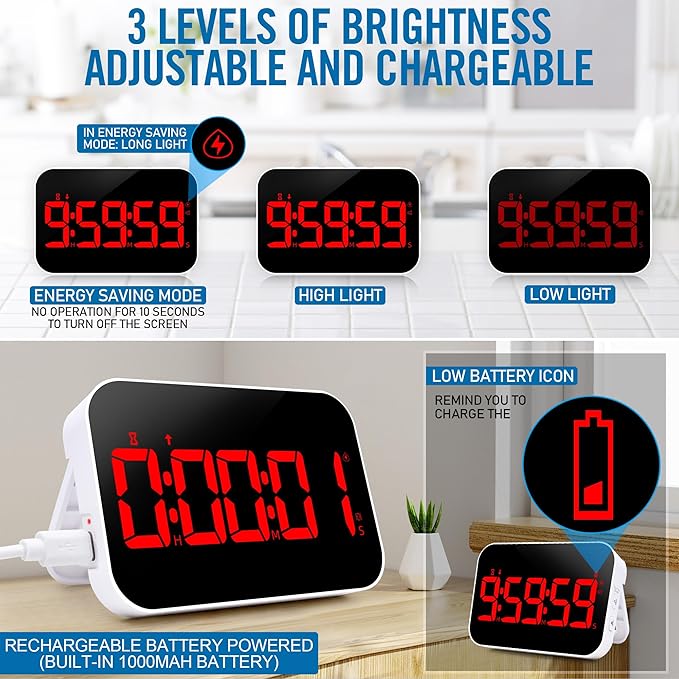 Kitchen Digital RED Timer, Count Down Up, Rechargeable, Vibration Mode Adjustable Volume and Brightness LED Display, Time Management Cook, Desk