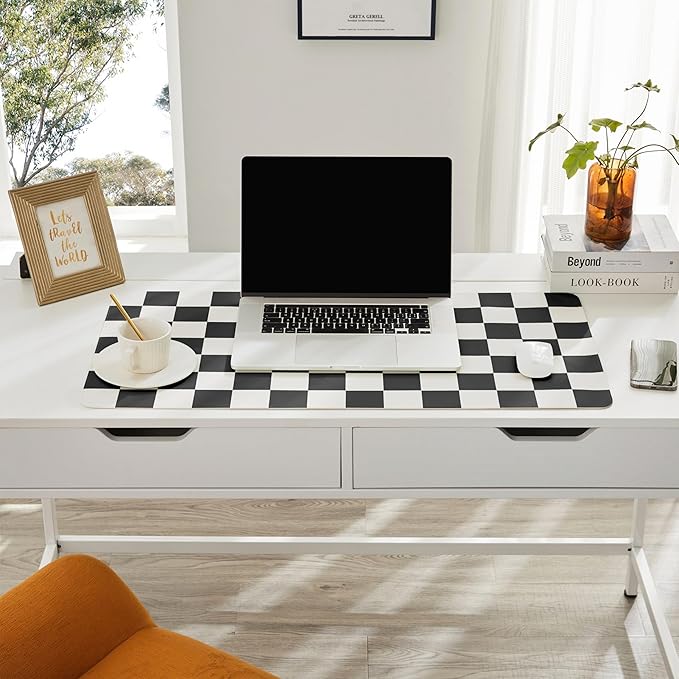 Ohocut Checkered Desk Mat, Large Cute Aesthetic Retro PU Leather Computer Laptop Desk Mat, Non-Slip Waterproof Mouse Keyboard Pad, Desk Writing Mat for Work/Home (Black, 23.6" x 13.7")