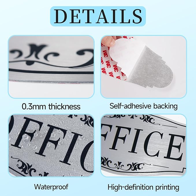 The Office Door Sign for Home and Business，Self-Adhesive Waterproof Brushed Silver Modern Office Sign Sticker for House，Business，Door, Window