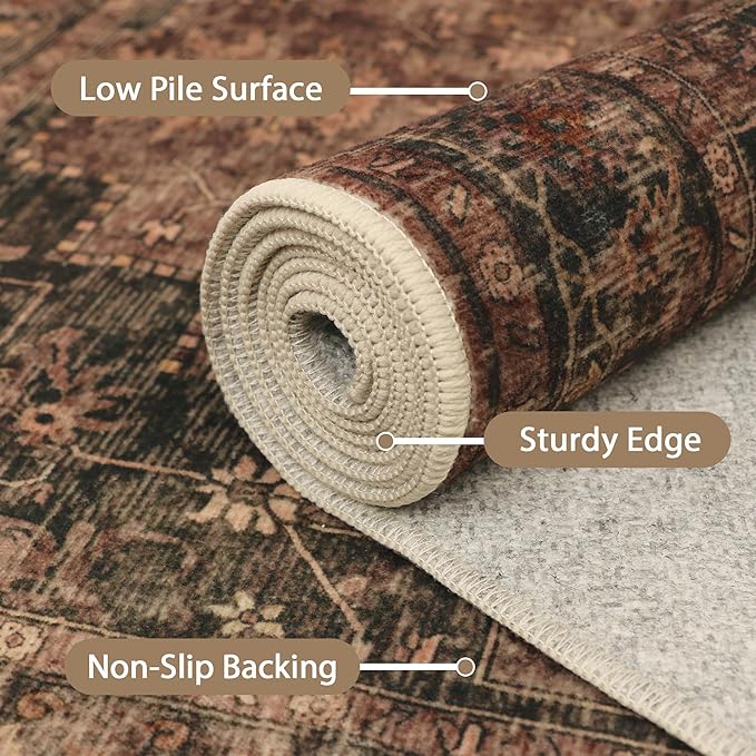 GENIMO 5x7 Area Rugs for Living Room, Machine Washable Rug, Non Slip Indoor Vintage Rug, Low Pile Lightweight Chenille Print Carpet for Bedroom Dining Room Home Office, Charcoal Brown