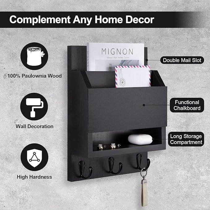 Lucundm Key and Mail Holder for Wall, Key Holder with Chalkboard and Long Storage Box, Key Hanger with 3 Sturdy Hooks for Coat, Dog Leash, Entryway Mail Organizer (Black)