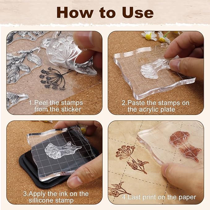 UCEC 4 Sheets Clear Stamps Set for Card Making and 2 Pcs Acrylic Stamp Block, Vintage Plants and Flowers Rubber Silicone Stamps, Small Clear Stamps for Crafts Decoration and DIY Scrapbooking