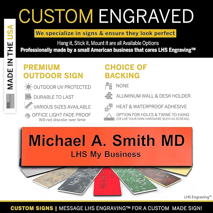 Engraved Door Signs for Office Personalized Orange Plastic Door Plaque Black Letters - Made in USA 2x8 B11