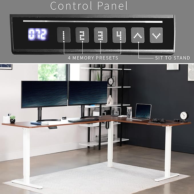 VIVO Electric Corner 84 x 63 inch L-Shaped Standing Desk, Memory Height Adjustment, Dark Walnut Top White Frame, DESK-E3CTWD-84