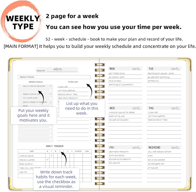 Undated Weekly Planner with Metal Corner Hardcover Notebook , A5 Size Journal with To Do List Planner, Habit Tracker,Weekly Goals for ADHD,Student, Office, Women, Men ,Gifts,6 x 8 inches，Spiral Bindding ,Beige