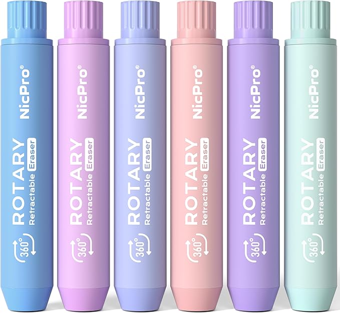 Nicpro 6 Pack Rotary Retractable Erasers, Soft TPE Rubber Twist Large Pencil Erasers in Cute Macaron Colors, Clean-Erasing Eraser for Kids & Students, School Office Supplies Stationary Set