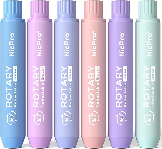 Nicpro 6 Pack Rotary Retractable Erasers, Soft TPE Rubber Twist Large Pencil Erasers in Cute Macaron Colors, Clean-Erasing Eraser for Kids & Students, School Office Supplies Stationary Set