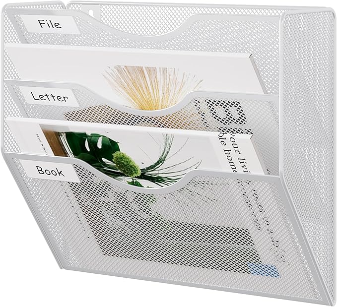 EasyPAG 3 Pocket Mesh Wall File Organizer, Hanging Paper Folder Holder with Classify Label, Vertical Wall Mount Mail Organizer for Office Home Classroom, White