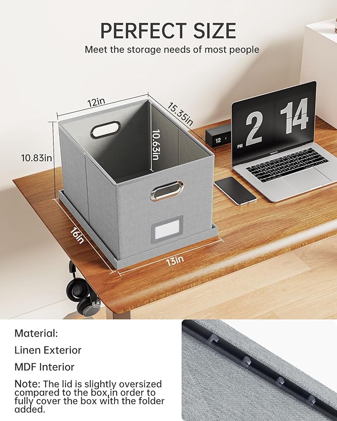2 Pack File Storage Organizer, Filing Box, Portable File Box with Lid, Fit for Letter/Legal File Folder Storage, Document Organizer, Gray