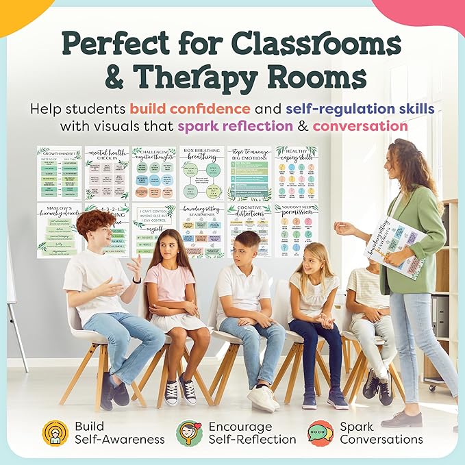 Mental Health Posters - 12 PCS (11"x14") - Coping Skills, Boundary Statements and Growth Mindset for Classroom, Therapy Office, Counseling Decor, Mental Health Gifts, School Counselor, Psych Supplies