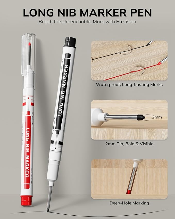 STAGEEK 2PCS Carpenter Pencils with Sharpener, Heavy Duty Woodworking Tools, Mechanical Pencil Set with 26 Refills, Deep Hole Long Nib Marker Pens for Architect Marking with Case (Black, Red)