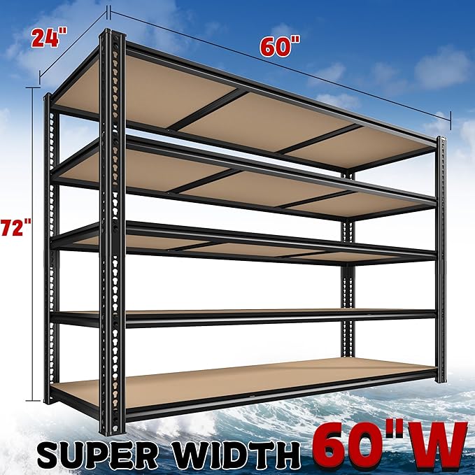 ROOMFAVE 60" W Garage Shelving 72" H Metal Shelving 3500LBS Storage Shelves Heavy Duty 5 Tier Adjustable Shelving Unit for Storage Rack Pantry Shelf Commercial,60" W x 24" D x 72" H