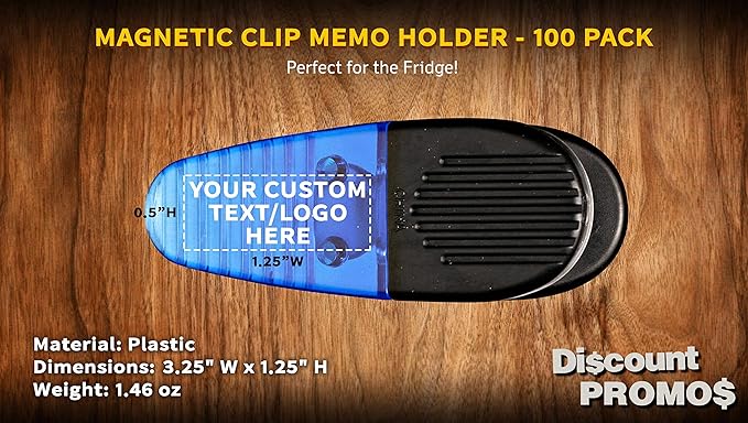 100 Magnetic Memo Holders Set - Customizable Text, Logo - Large Clip, Plastic - TBlue