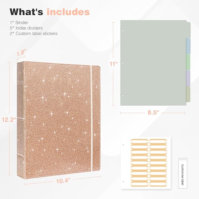 Ospelelf Vintage Hardcover 3 Ring 1 inch Leather Binder, Professional Binders Organizer Suitable for Letter Size Documents, Binder Dividers with Tabs, Faux Glitter Rose Gold Leather
