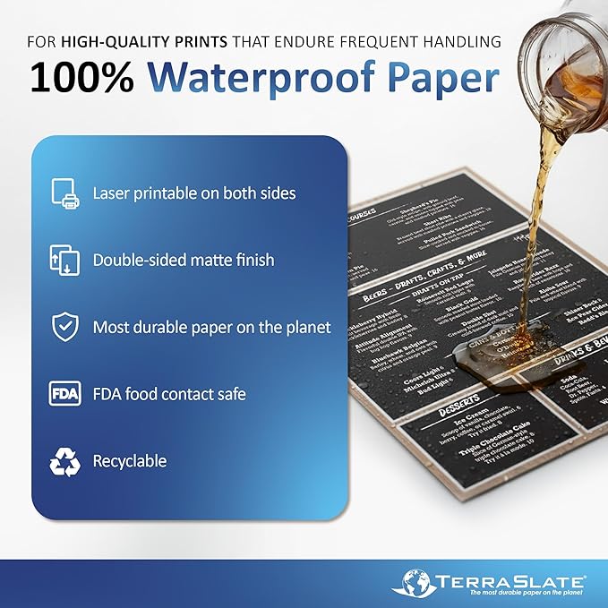 TerraSlate Premium Waterproof Paper, 5 MIL 8.5” x 11”, Laser Printer & Copy Machine Compatible, Durable & Rain/Weather-Proof Copy Paper, White Paper (100 Sheets)
