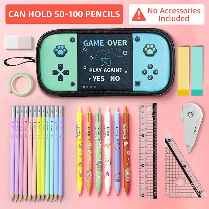 Easozoom Large Game Controller Pencil Case for Teen Boy Kid Capacity Pen Box Pouch Organizer Holder Bag with 3 Compartments & Zipper School College Office Supplies (1PCS Pencil Case) (Blue&Green)