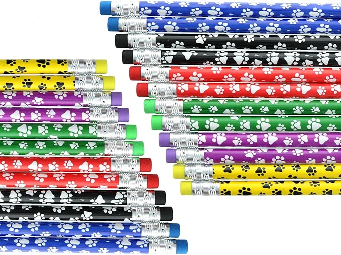 GiftExpress 48 Pcs Paw Print Pencils for Kids, Colorful Assortment Wooden Pencil with Eraser for School Supplies, Classroom Prize