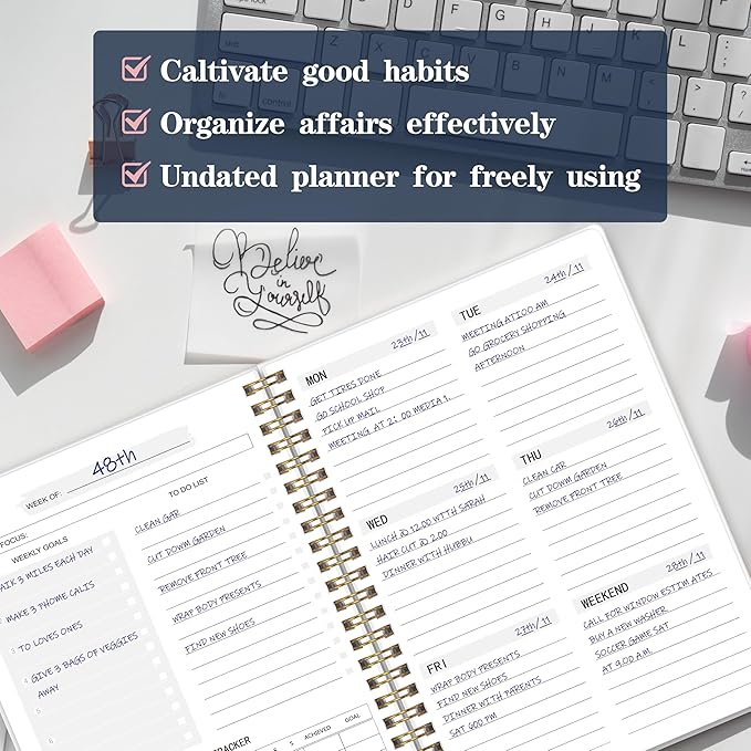 Undated Weekly Planner- Weekly Goals Notebook, A5 To Do List Planner, Habit Tracker Journal with Spiral Binding（Flower-1）