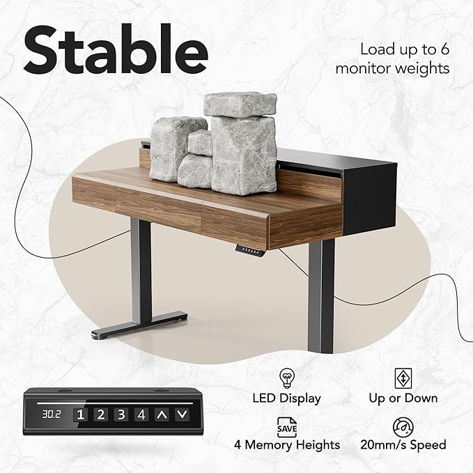 HUANUO Standing Desk with Drawers, 48 Inches Electric Height Adjustable Desk with Storage, Whole-Piece Board Sit Stand Up Desk with Monitor Shelf, Black Walnut